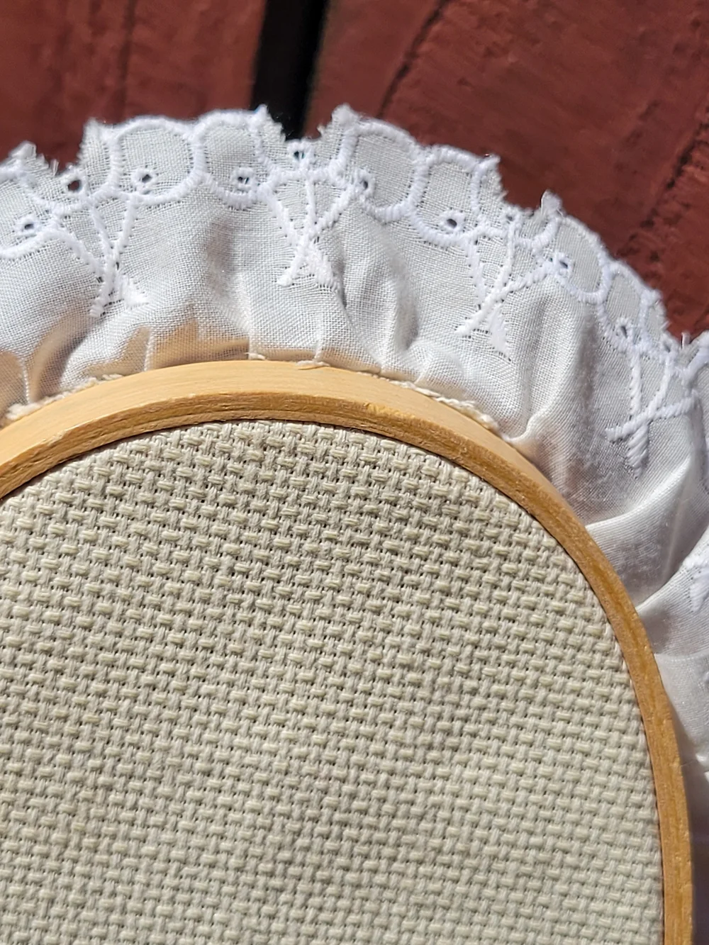 VTG Handmade Finished Cross Stitch Oval Hoop w/ Lace Sunbonnet Sue Cottagecore